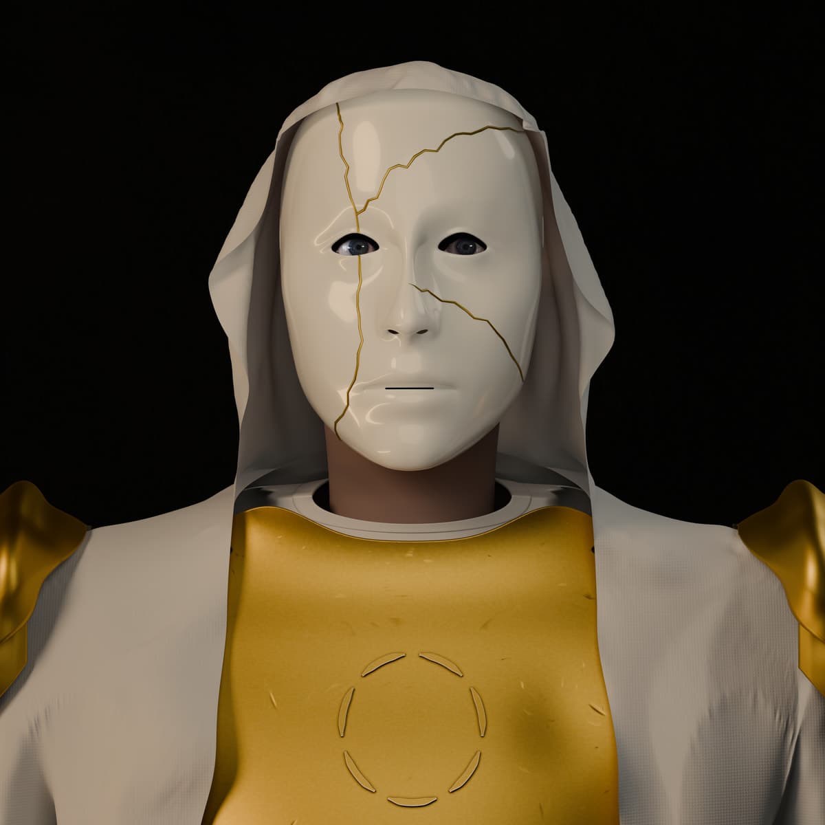 S1NTH's bone-colored mask, veined with gold, framed by a hood and gold shoulder armor, with blue eyes visible through the dark eye openings.