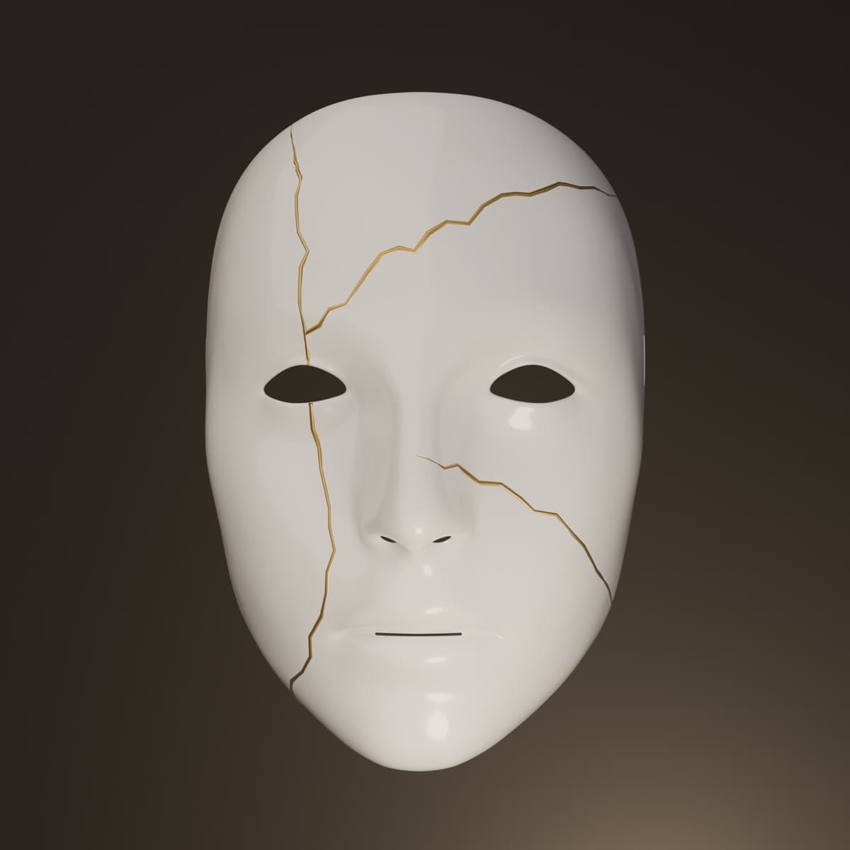 A porcelain mask, cracked across the brow and cheek, the breaks filled with gold, lit against the dark.